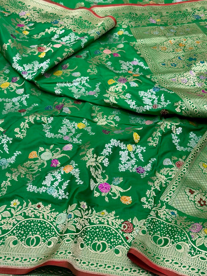 Green Pure Double Katan Mulberry Silk Handwoven Banarasi Kadhwa Weave Saree