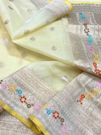 Pastel Yellow Pure Kora Silk & Pure Mulberry Silk Banarasi Saree - Kadhwa Technique