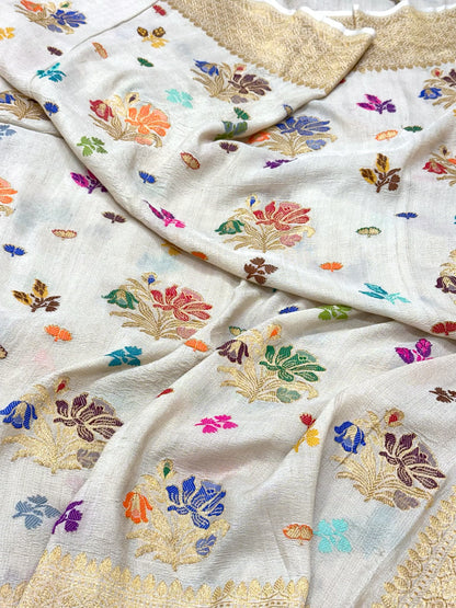 Ivory Pure Tussar Georgette Silk | Kadhwa Technique | Handwoven Banarasi Saree | Modern Banarasi Muse