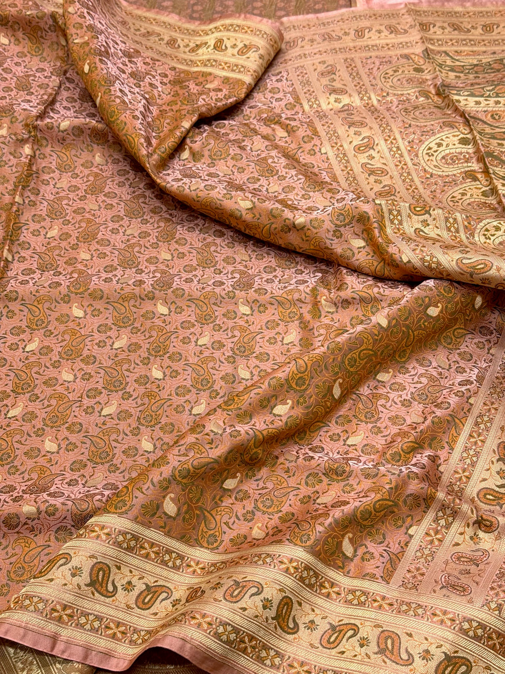 Peach Pink Pure Satin Silk Handwoven Banarasi Tanchoi Saree