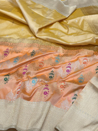 Lemon Yelllow/Peach Pure Katan Mulberry Silk Handwoven Banarasi Saree | Kadhwa Technique | The New Classic