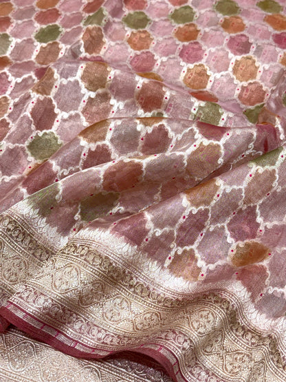Pink Pure Mulberry Tissue Silk Handloom Banarasi Saree |Ektara Weave|