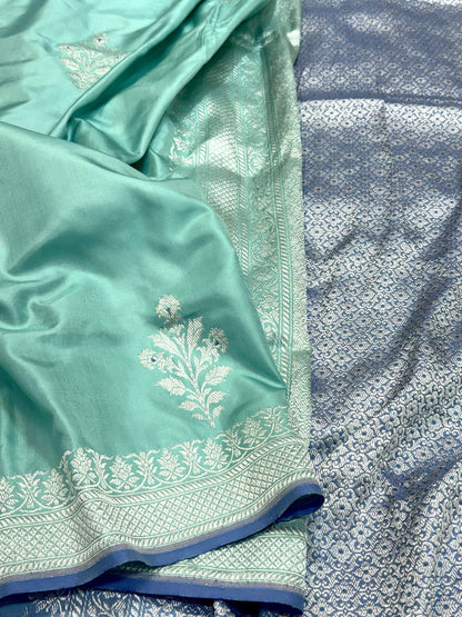Light Sea Green Pure Katan Mulberry Silk Handwoven Modern Banarasi Saree - Kadhwa Ektara Weave