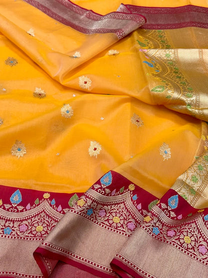Orange Pure Kora Silk Saree - Pure Mulberry Silk Handwoven Banarasi Silk Saree | Kadhwa Weave