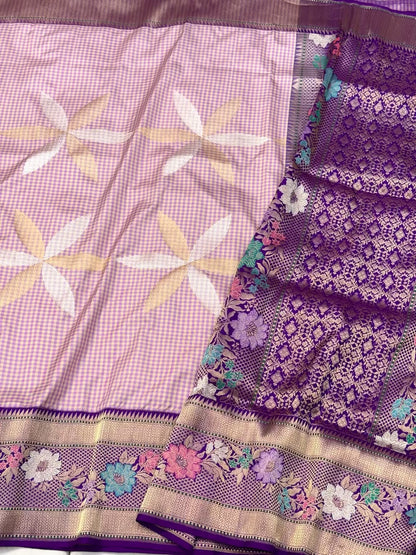 Purple Pure Katan Silk Ektara Saree - Pure Mulberry Silk | Kadhwa Weaving Modern Contemporary Banarasi Silk Saree