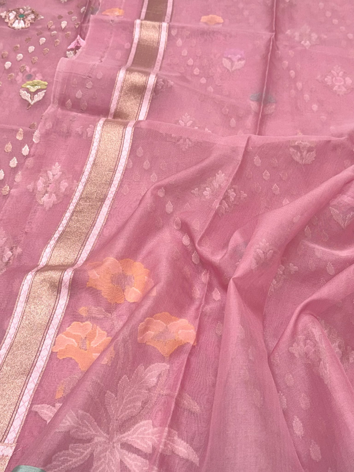Powder Pink Pure Mulberry Kora ( Organza ) Silk Ektara Jamdani Handloom Contemporary Banarasi Lightweight Saree