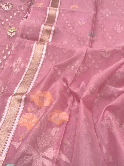 Powder Pink Pure Mulberry Kora ( Organza ) Silk Ektara Jamdani Handloom Contemporary Banarasi Lightweight Saree