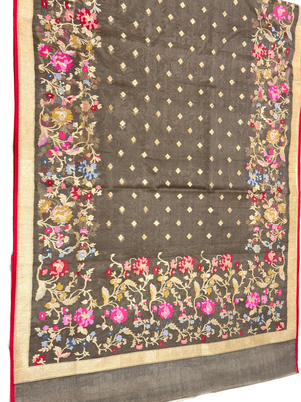 Antique Bronze Pure Kora Organza Silk Jamdani Handwoven Banarasi Saree