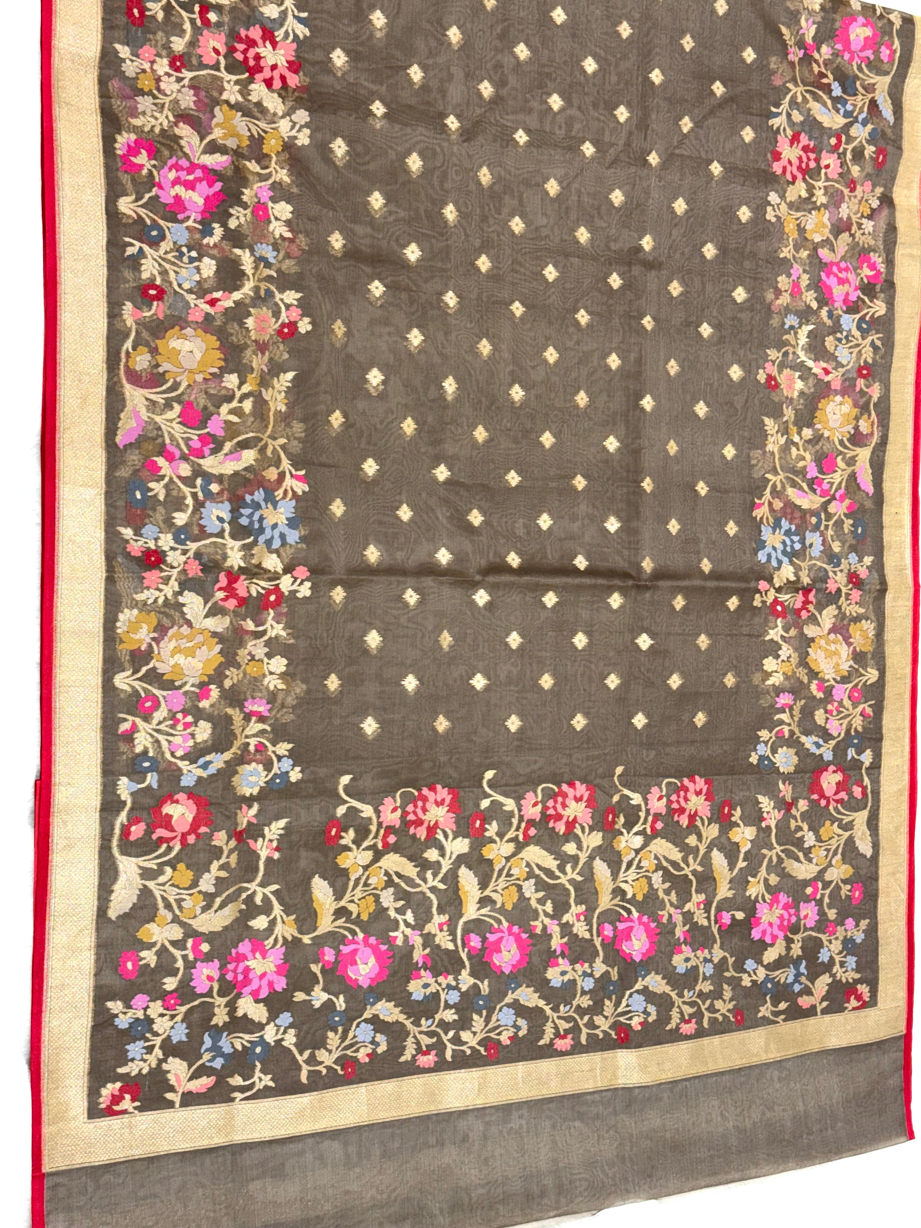 Antique Bronze Pure Kora Organza Silk Jamdani Handwoven Banarasi Saree