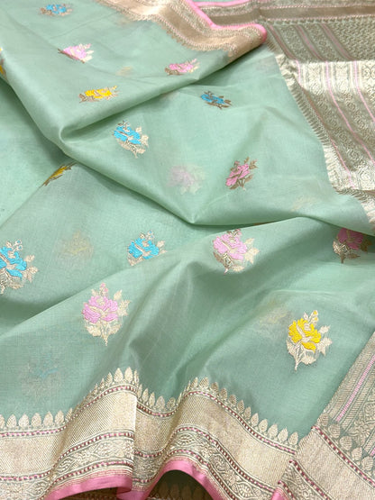 Sea Green Pure Mulberry Kora Silk Handwoven Banarasi Saree | Kadhwa Technique | The Art Of Draping