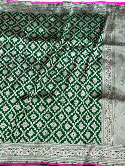 Bottle Green Authentic Handloom Banarasi Saree | Pure Katan & Mulberry Silk Saree