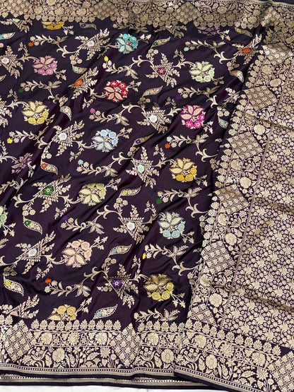 Wine Pure Mulberry Katan Silk | Kadhwa Weave | Handwoven Premium Banarasi Saree