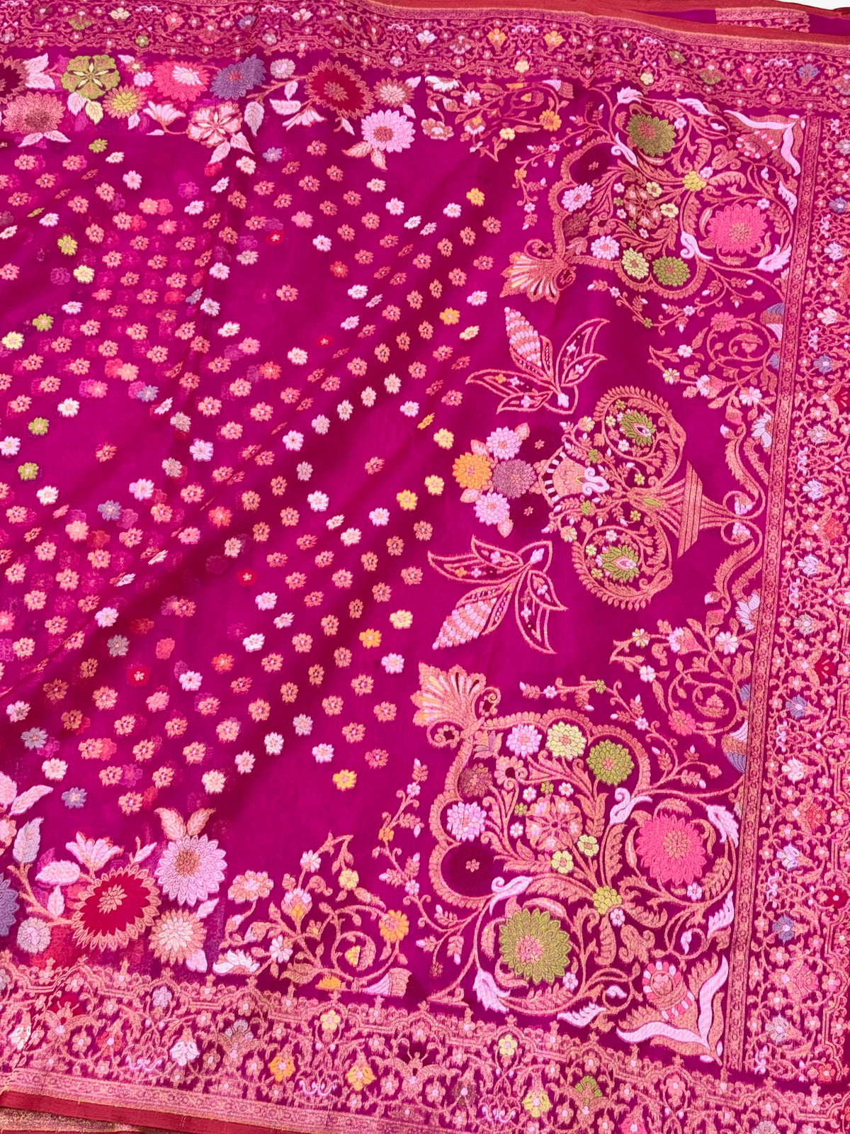 Fuchsia Pink Pure Kora Silk Jamdani | Ektara Technique | Handloom Banarasi Saree - The Banarasi Muse
