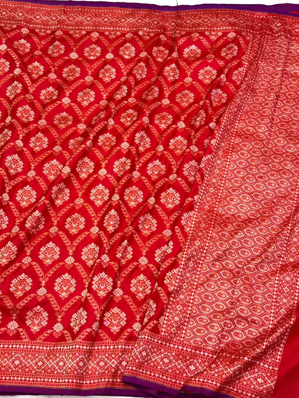 Red Pure Mulberry Katan Silk Jamdani Handwoven Banarasi Saree- Ektara Weave
