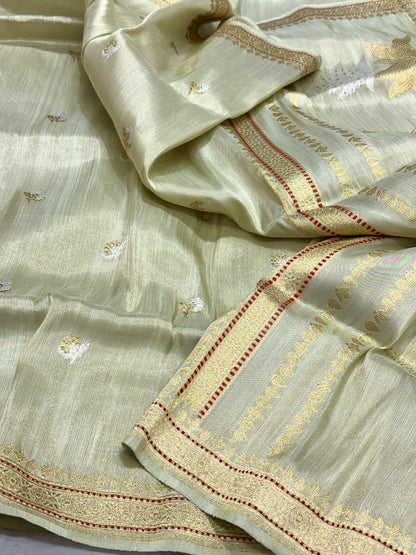 Pastel Green Pure Tissue Silk & Pure Katan Silk Handwoven - Kadhwa Technique Banarasi Saree