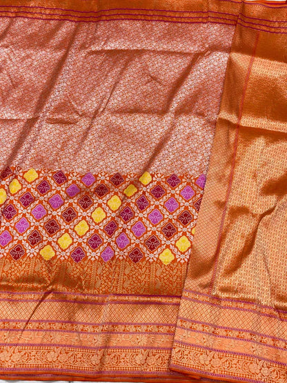 Orange Pure Mulberry Katan Silk Handwoven Banarasi Brocade Saree - Kadhwa Weave