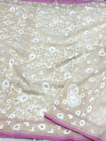 Pearl White Pure Muslin Cotton Jamdani Ektara Weave Handloom Banarasi Saree