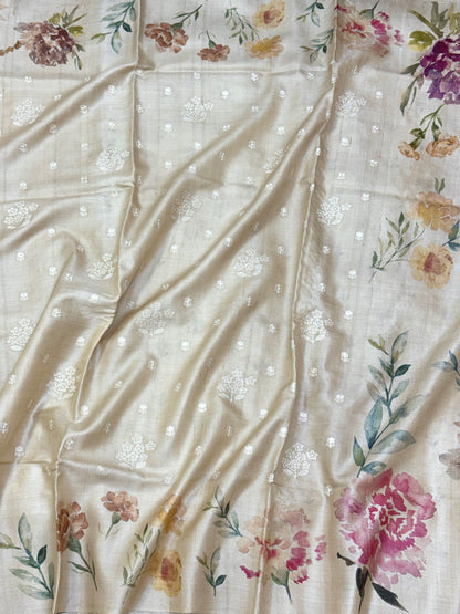 Ivory Pure Tussar Silk Handloom Printed with Embroidery Banarasi Saree - Soft Lightweight Banarasi Saree