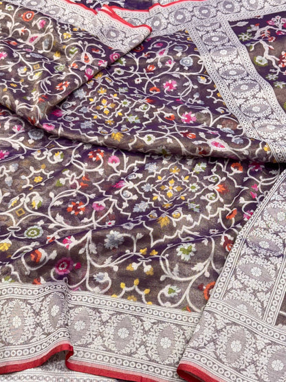 Dark Berry Purple Pure Cotton Tissue Jamdani Handloom Banarasi Saree | Ektara Weave