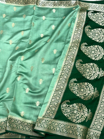Sea Green Pure Mulberry Chiniya Silk Lightweight Handloom Banarasi Saree