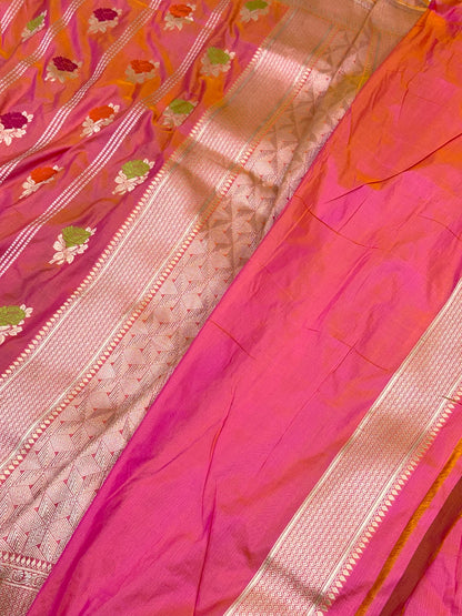Orangish Pink Pure Mulberry Katan Silk Handloom Banarasi Saree