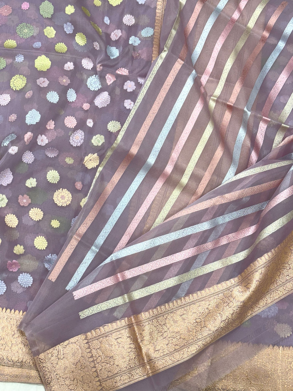 Purple Lavender Pure Kora Silk Handwoven Banarasi Saree