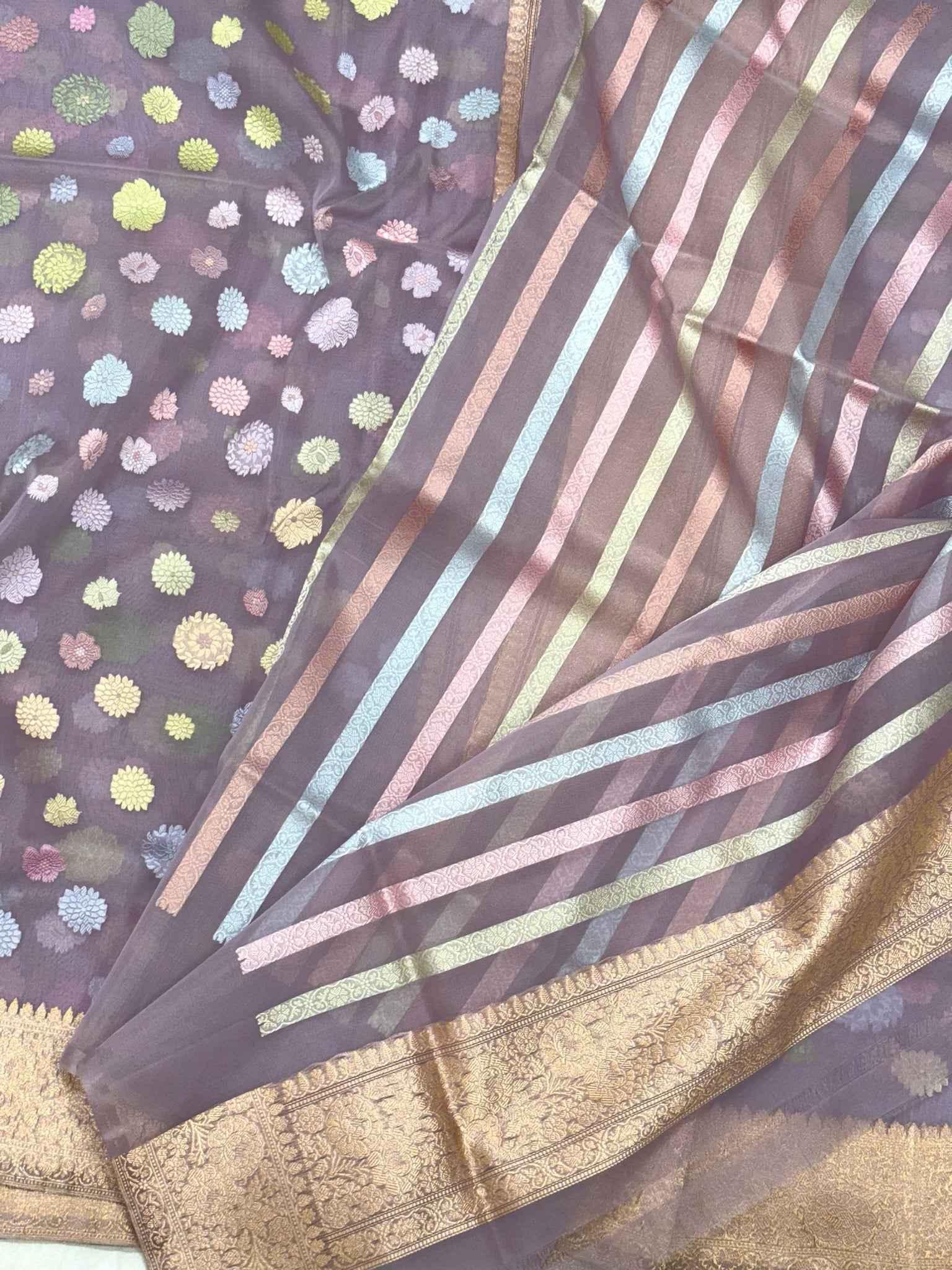 Purple Lavender Pure Kora Silk Handwoven Banarasi Saree