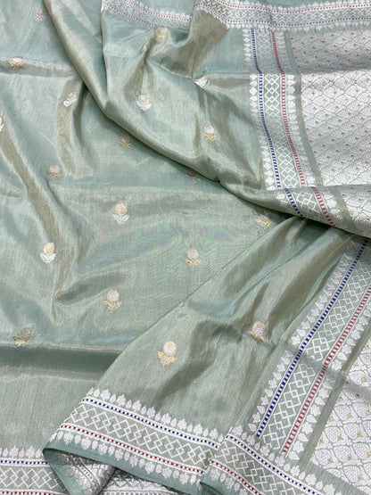 Pastel Green Pure Katan Tissue Silk Handwoven Banarasi Saree |Ektara Weave|