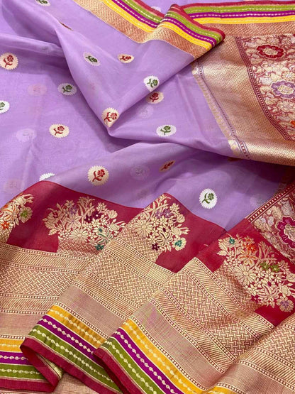 Lavender Pure Mulberry Kora Silk Handwoven | Kadhwa Technique | Authentic Banarasi Saree
