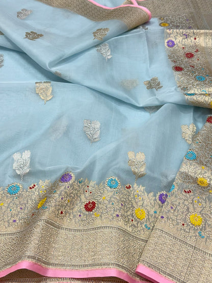 Sky Blue Authentic Banarasi Saree - Pure Kora Mulberry Silk | Kadhwa Technique | Handwoven Timeless Banarasi Saree