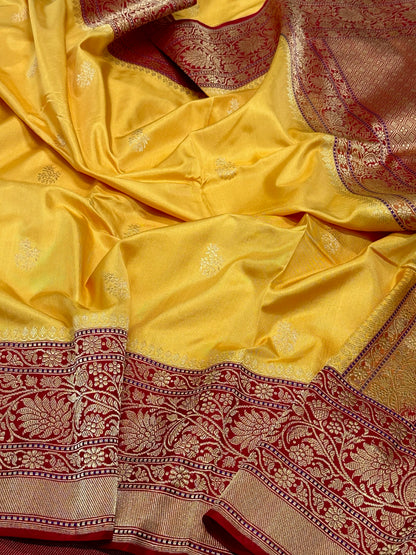Gold Yellow Pure Katan Mulberry Silk Handwoven Banarasi Saree - Kadhwa Weave | The Refined Drape