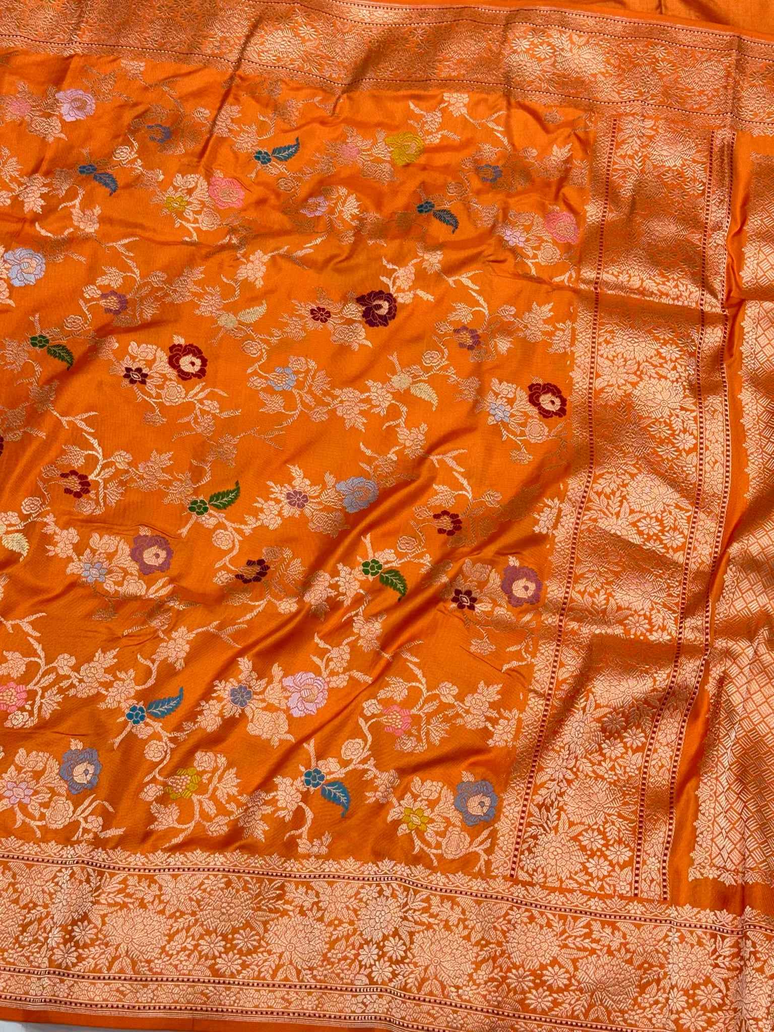 Orange Pure Double Katan Silk Handwoven Banarasi Saree | Kadhwa Technique  Tradition Meets Luxury