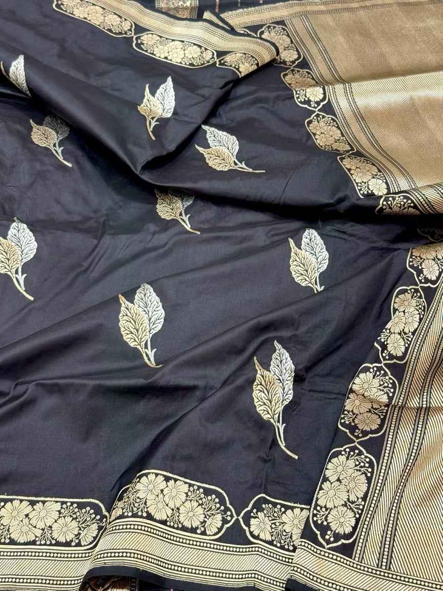 Black Pure Mulberry Katan Silk | Kadhwa Technique | Handwoven Banarasi Saree