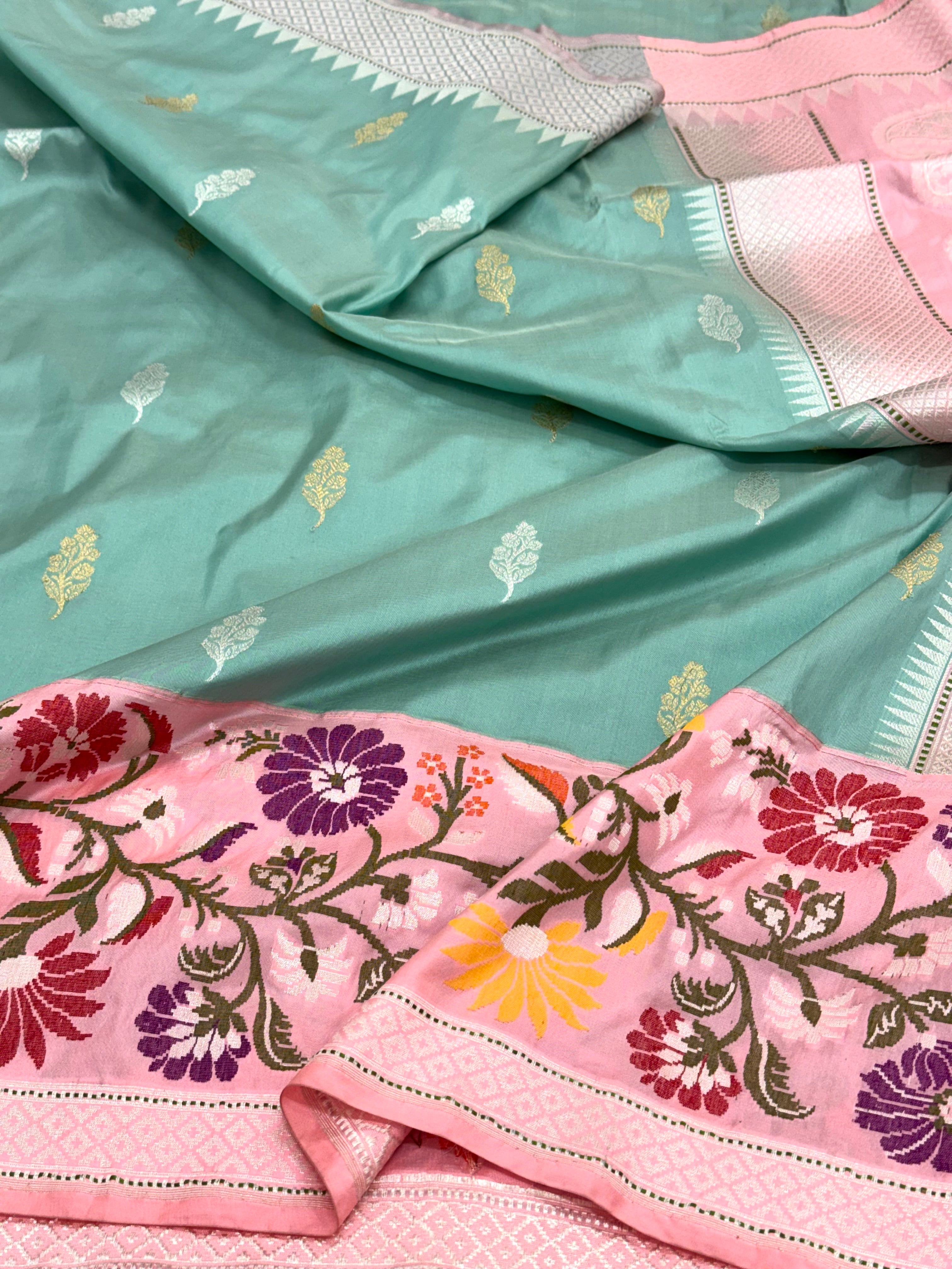 Aqua Green Pure Katan Silk Handwoven Banarasi Saree