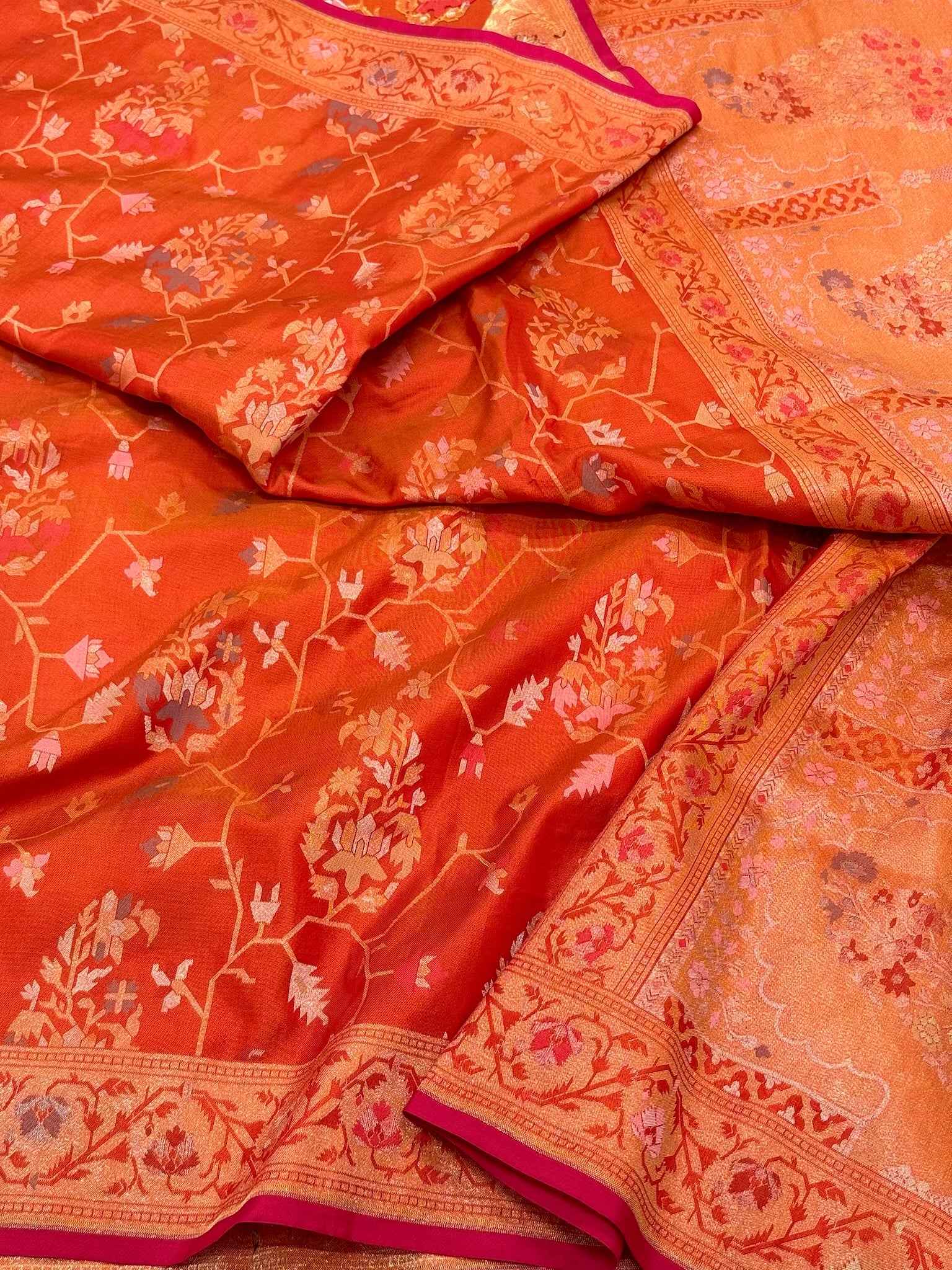 Rustic Orange Pure Mulberry Katan Silk Ektara Weave Jamdani Handloom Banarasi Saree