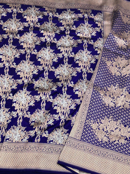 Blue Pure Mulberry Katan Silk  Handloom Banarasi Saree