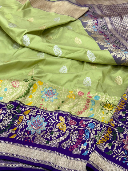 Pista Green Pure Mulberry Katan Silk | Kadhwa + Kadhiyal Weave | Handwoven Modern Banarasi Saree