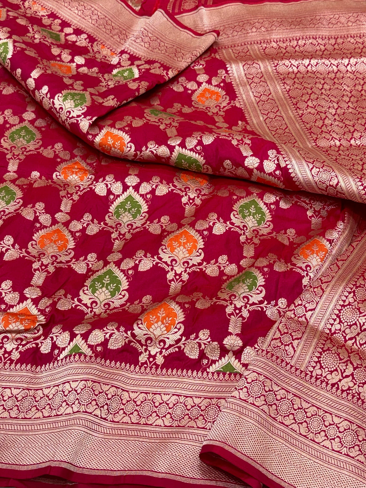 Red Pure Katan Mulberry Silk Handloom Banarasi Meenakari Saree - Modern Jaal