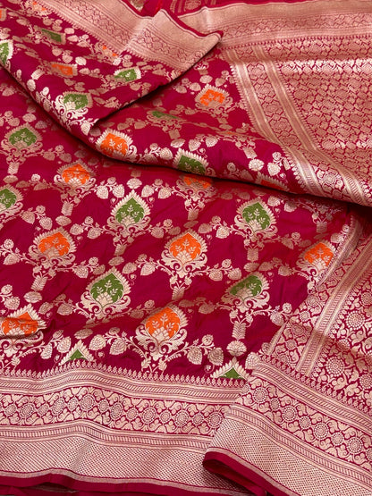 Red Pure Katan Mulberry Silk Handloom Banarasi Meenakari Saree - Modern Jaal