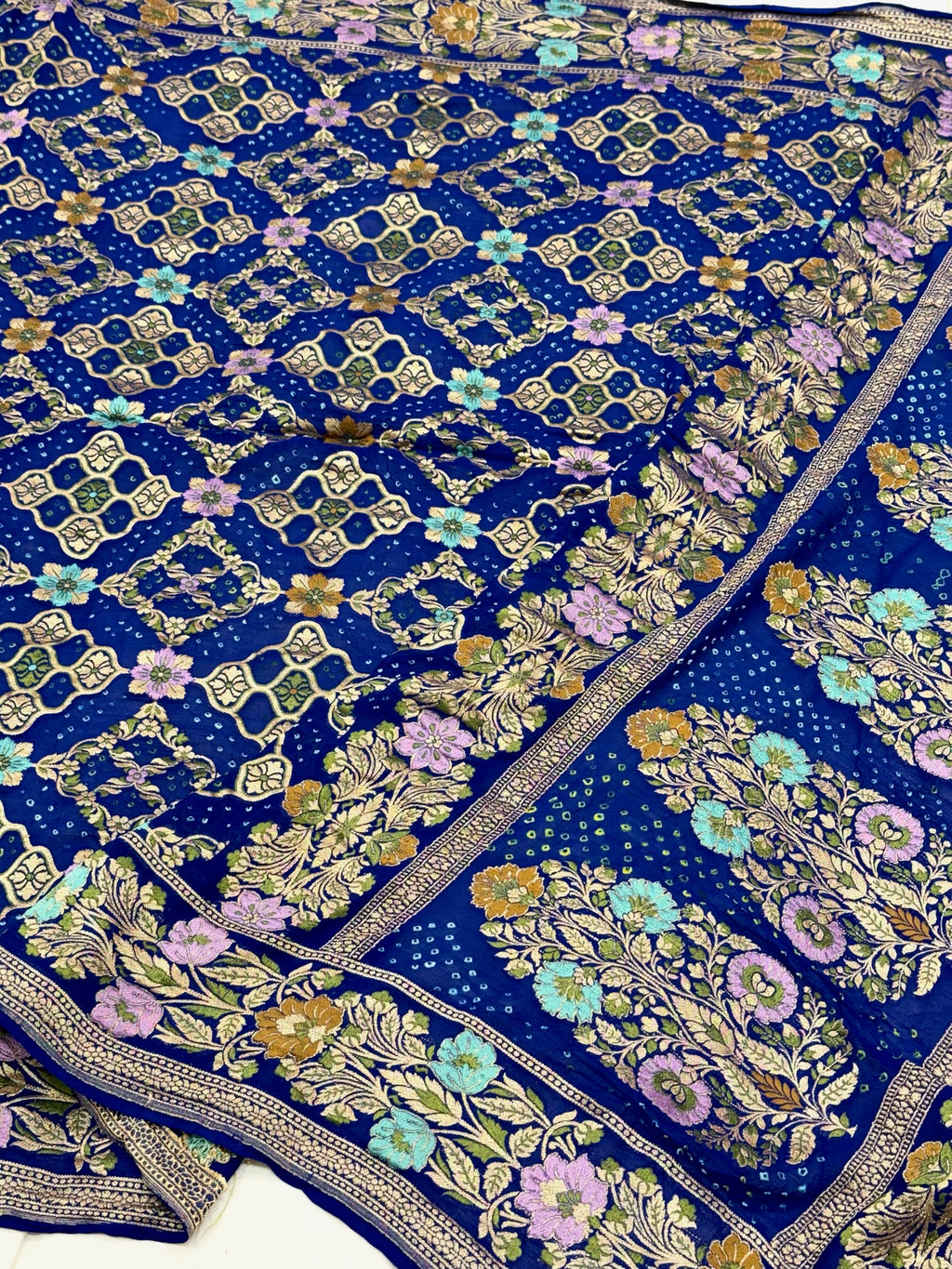 Blue Pure Chiffon Khaddi Georgette Banarasi Bandhej Handwoven Saree