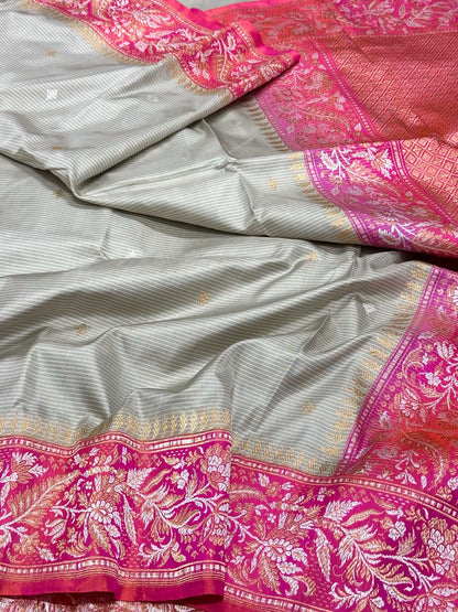 Gray Handwoven | Kadhwa + Kadhiyal Technique | Banarasi Saree - Pure Mulberry Double Katan Silk Ektara Banarasi Saree
