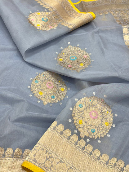 Lilac Blue Pure Kora Mulberry Silk | Kadhwa Technique | Handwoven Lighweight Banarasi Modern Saree