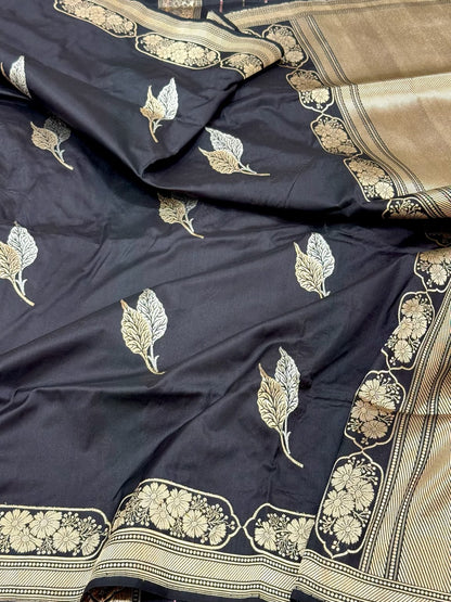 Black Pure Mulberry Katan Silk | Kadhwa Technique | Handwoven Banarasi Saree
