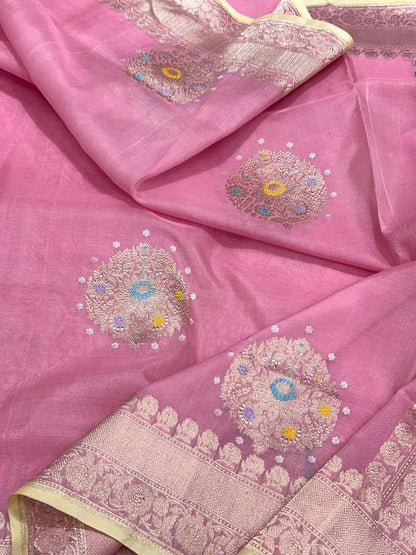 Onion Pink Pure Kora Mulberry Silk | Kadhwa Technique | Handwoven Lighweight Banarasi Saree