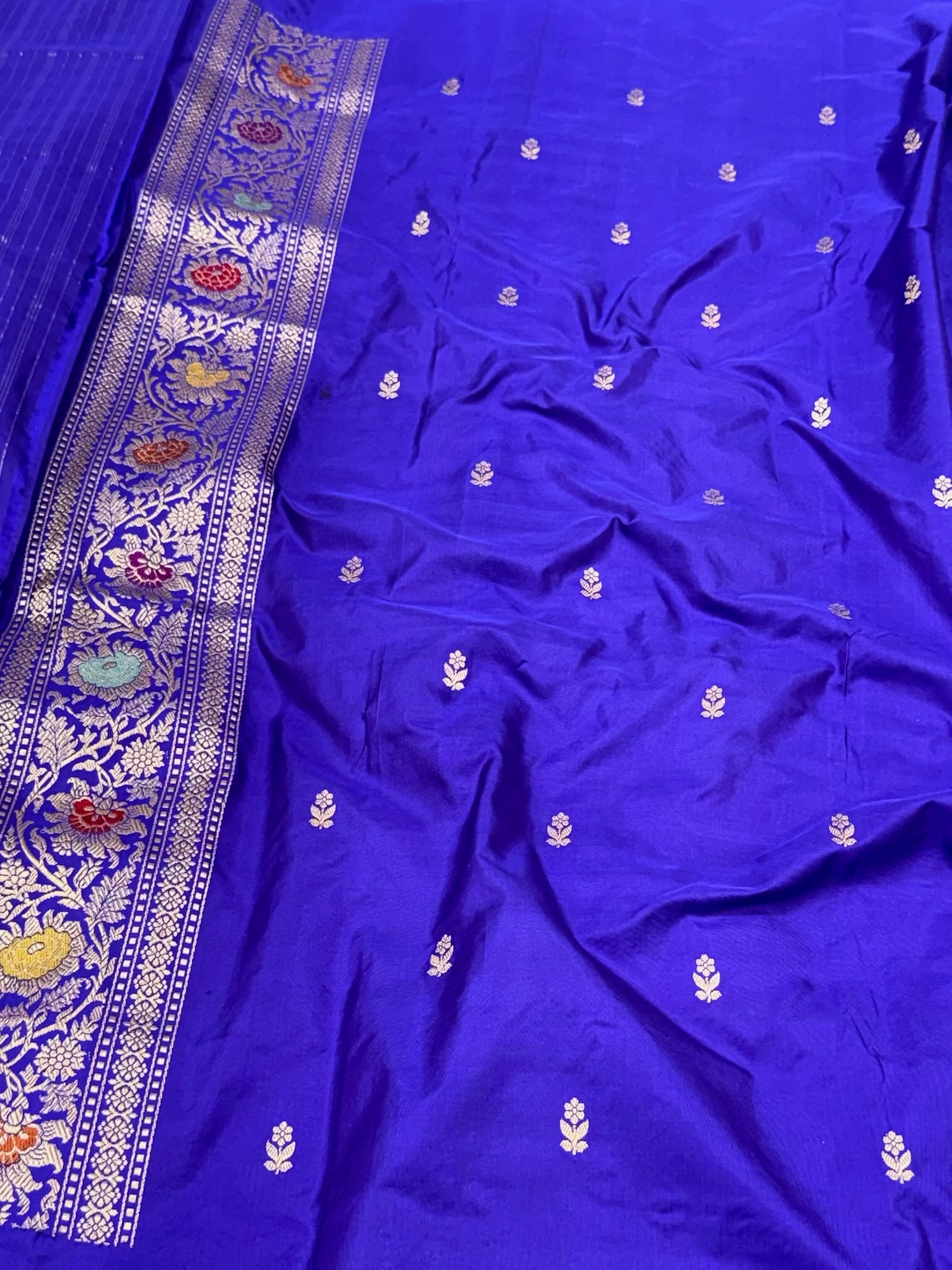 Blue Handwoven Luxury Banarasi Saree - Pure Mulberry Double Katan Silk Banarasi Saree | Kadhwa Weave |