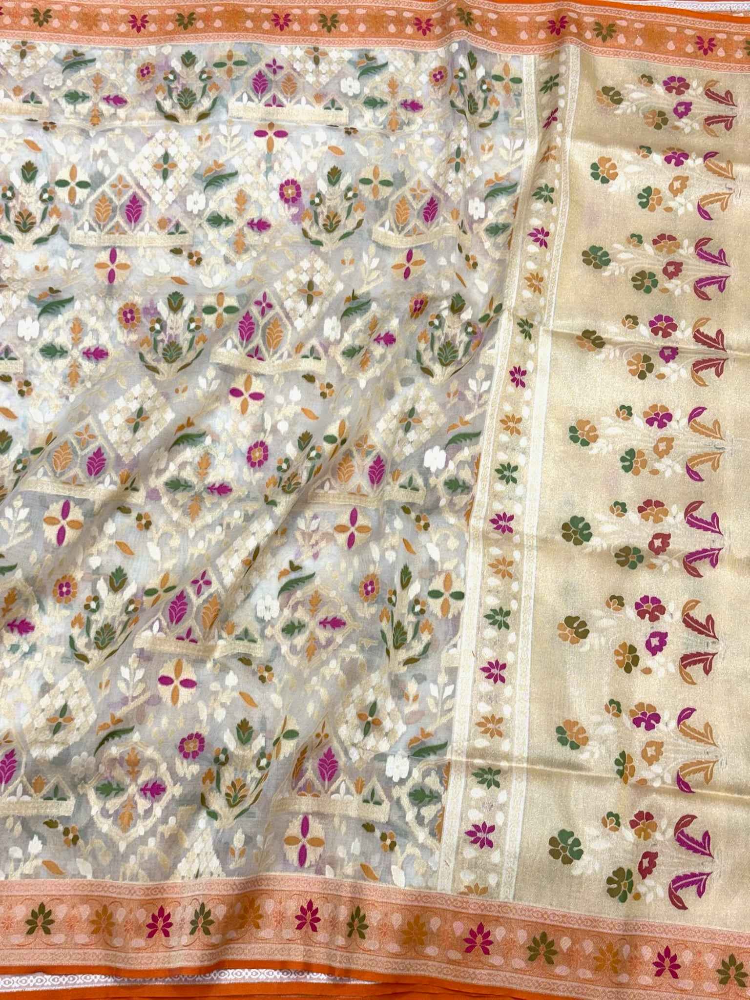 Off White Pure Kora Mulberry Silk Ektara Weave Jamdani Handloom Banarasi Saree