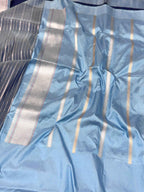 Navy Blue/Blue Gray Pure Kora Silk Contemporary Handwoven Banarasi Saree