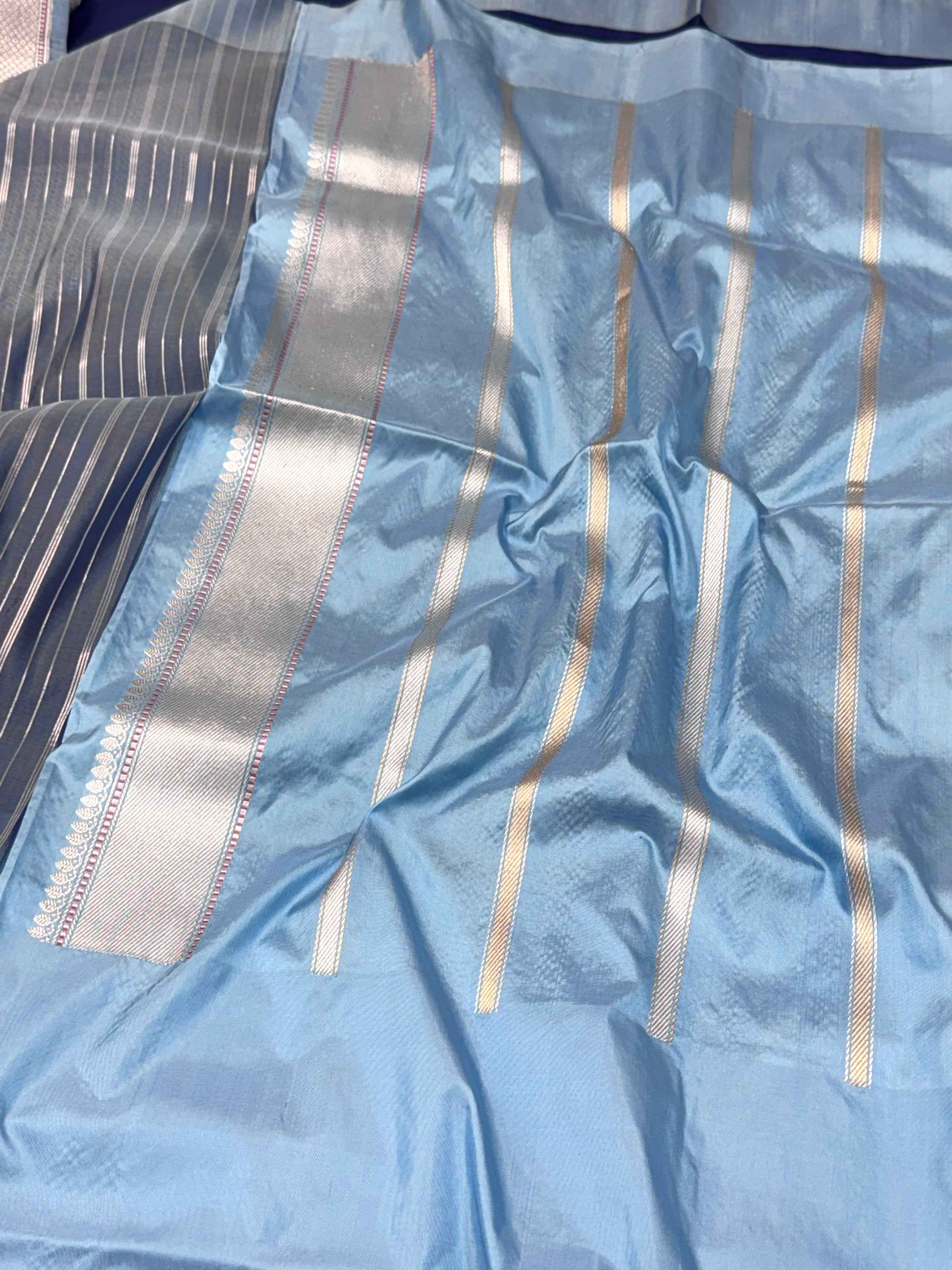 Navy Blue/Blue Gray Pure Kora Silk Contemporary Handwoven Banarasi Saree