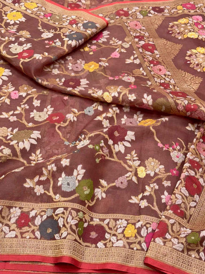 Cinnamon Brown Banarasi Handloom Saree | Pure Kora Mulberry Silk Jamdani Ektara Saree