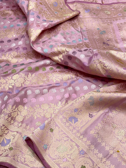 Lilac Pink Pure Double Katan Silk - Pure Mulberry Silk Saree| Kadhwa Technique | Handwoven Banarasi Luxury Saree